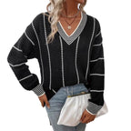 Women's Chunky Knit Sweater with V-Neck and Striped Pattern