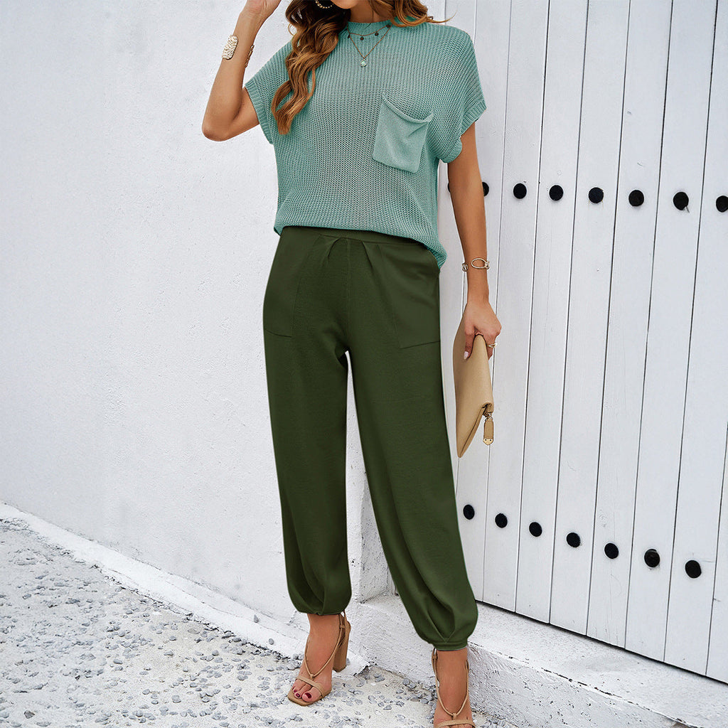 Women's Casual Knit Top with Practical Chest Pocket and Comfortable Baggy Pants