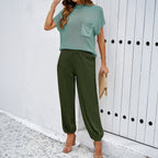 Women's Casual Knit Top with Practical Chest Pocket and Comfortable Baggy Pants