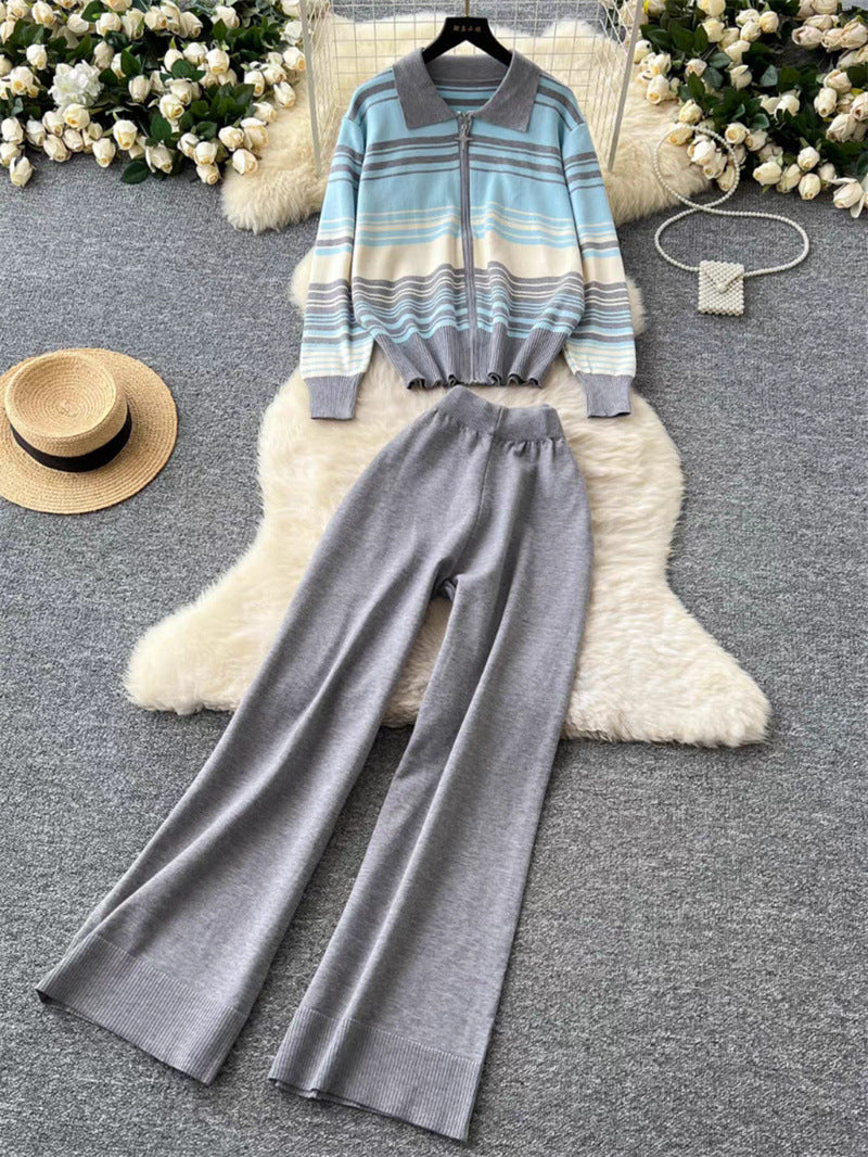 Women's Fashionable Loungewear Set with Zipper and Wide Leg