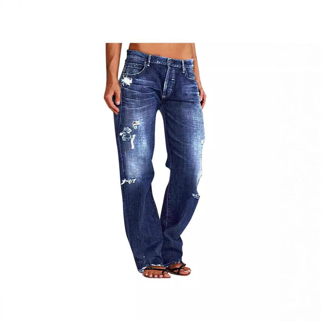Women's Destroyed Wide-Leg Jeans with Casual Fit