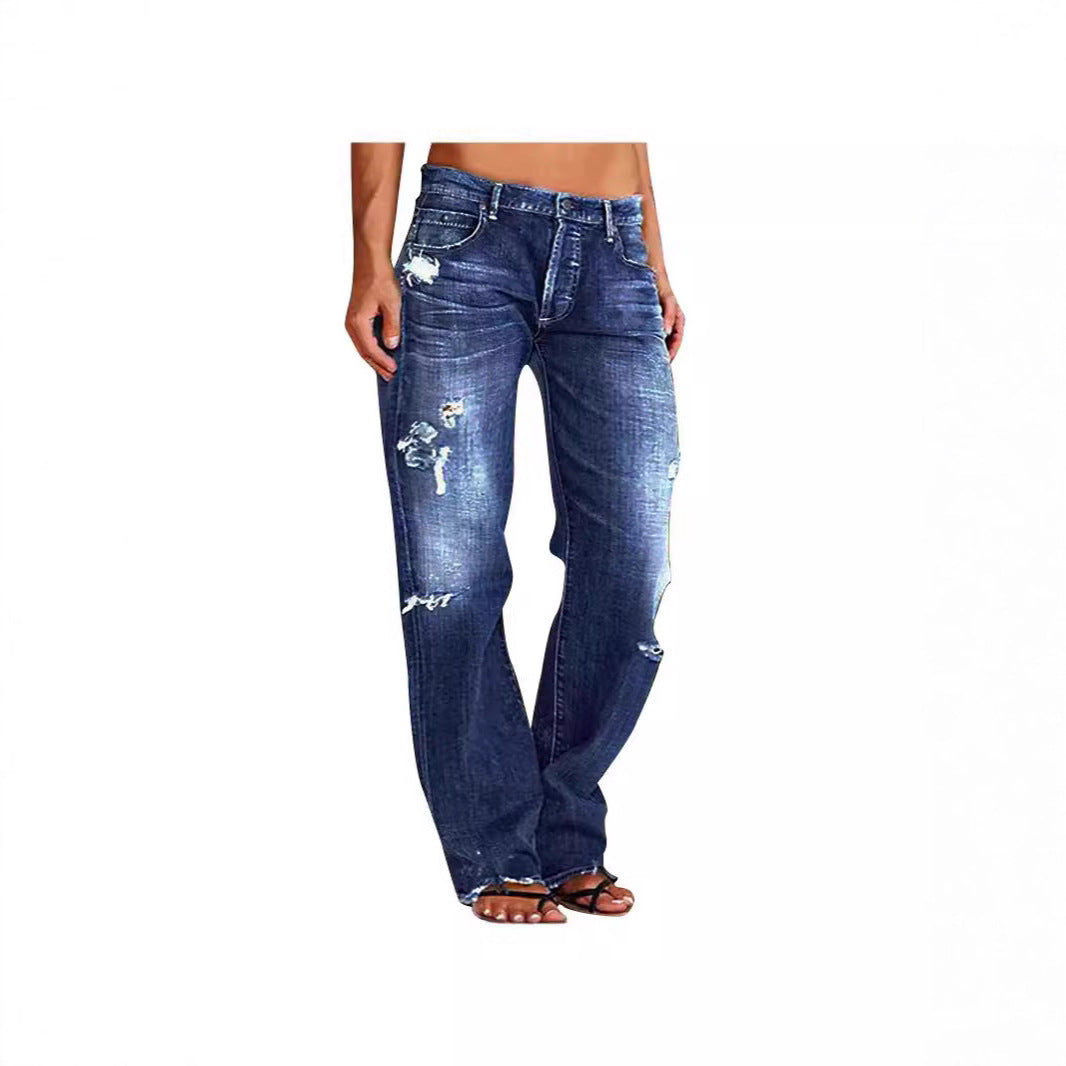Women's Destroyed Wide-Leg Jeans with Casual Fit