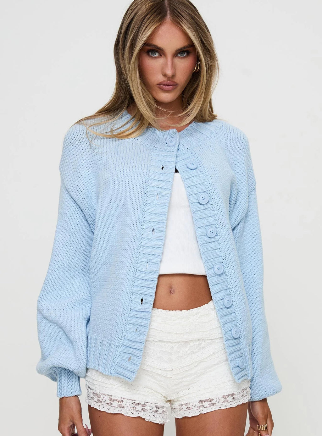 Women's Cozy Cardigan with Decorative Buttons and Voluminous Sleeves