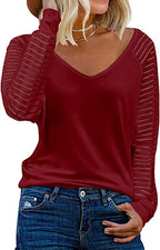 Women's Long-Sleeve V-Neck Shirt with Striped Sleeves