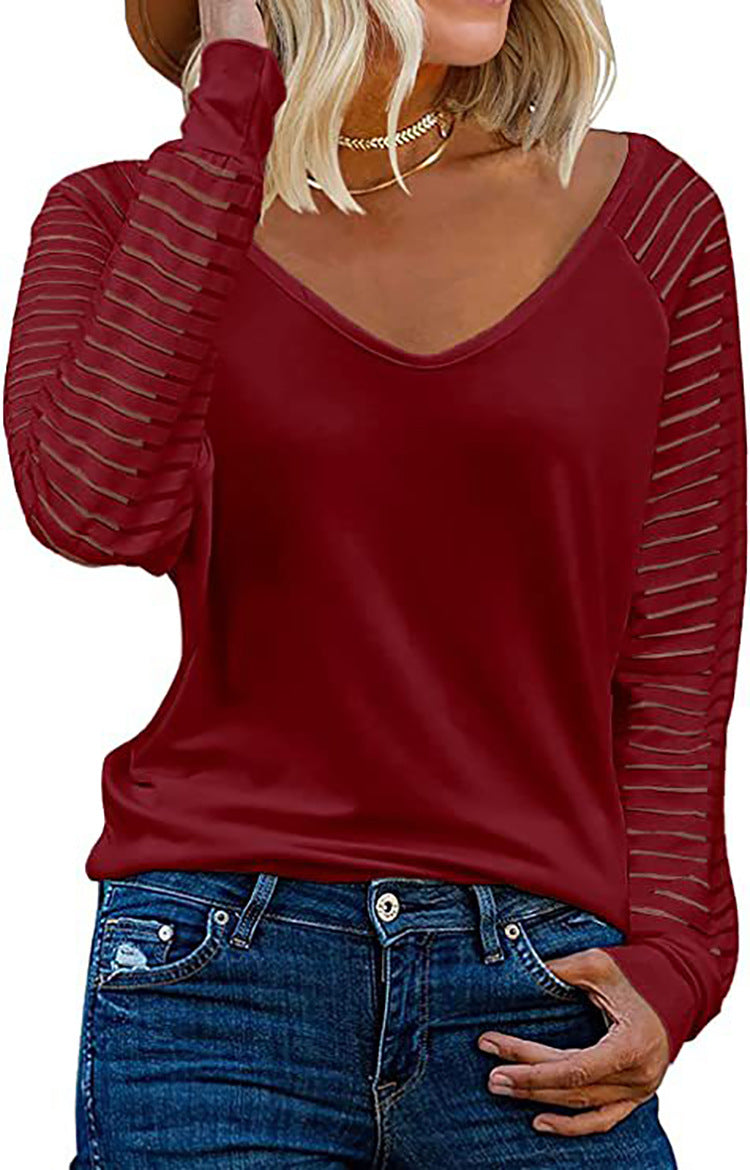 Women's Long-Sleeve V-Neck Shirt with Striped Sleeves