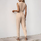 Women's Jumpsuit with Adjustable Belt and V-Neck