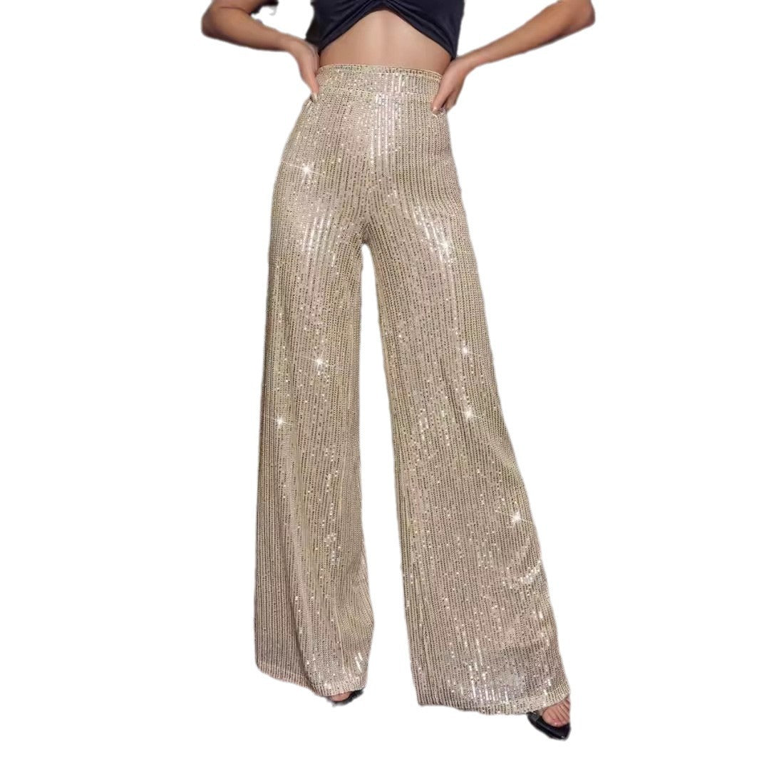 Women's Glamorous Wide-Leg Maxi Pants with Glitter Stripes