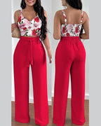 Women's Casual Floral Ruffled Top and Wide-Leg Pants Set