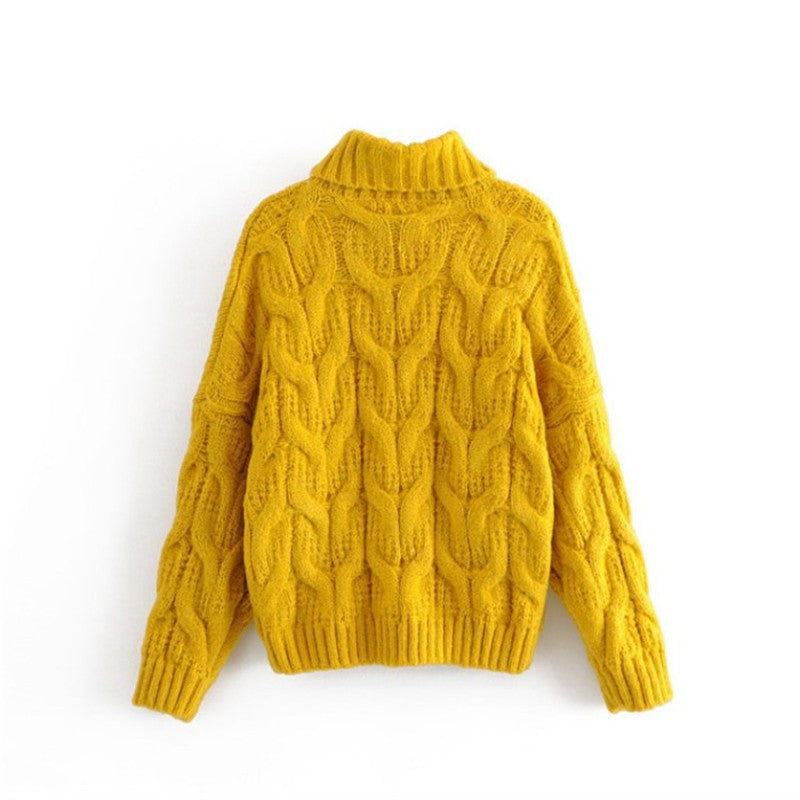Women's Chunky Knit Sweater with High Collar and Elegant Cable Pattern