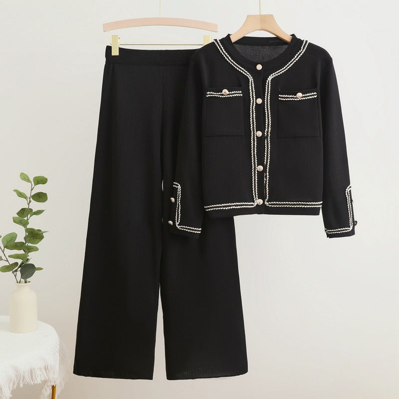 Women's Elegant Two-Piece Set with Textured Blazer and Wide-Leg Trousers