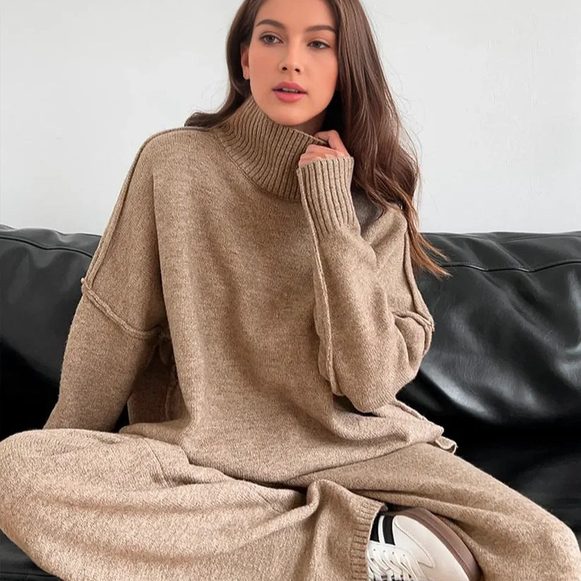 Women's Cozy Knit Ensemble with High Collar and Wide-Leg Pants
