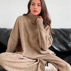 Women's Cozy Knit Ensemble with High Collar and Wide-Leg Pants