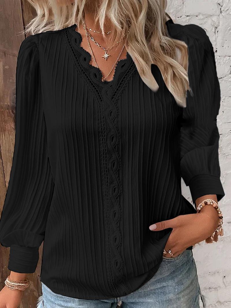 Women's Blouse with Textured Design and Romantic Lace Accents