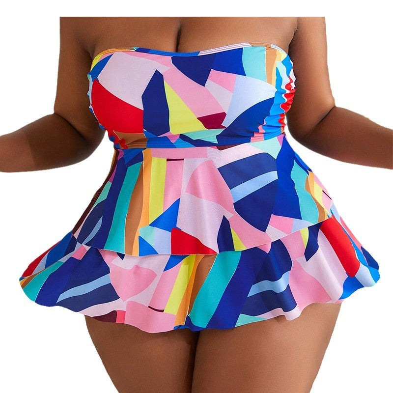 Women's Bandeau Swimsuit with Flowing Skirt and Vivid Pattern