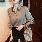 Elegant Fine Satin Blouse with Ruffle Details