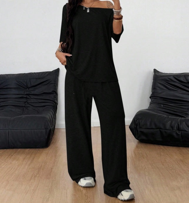 Women's Casual Lounge Set with Palazzo Pants and Off-Shoulder Top