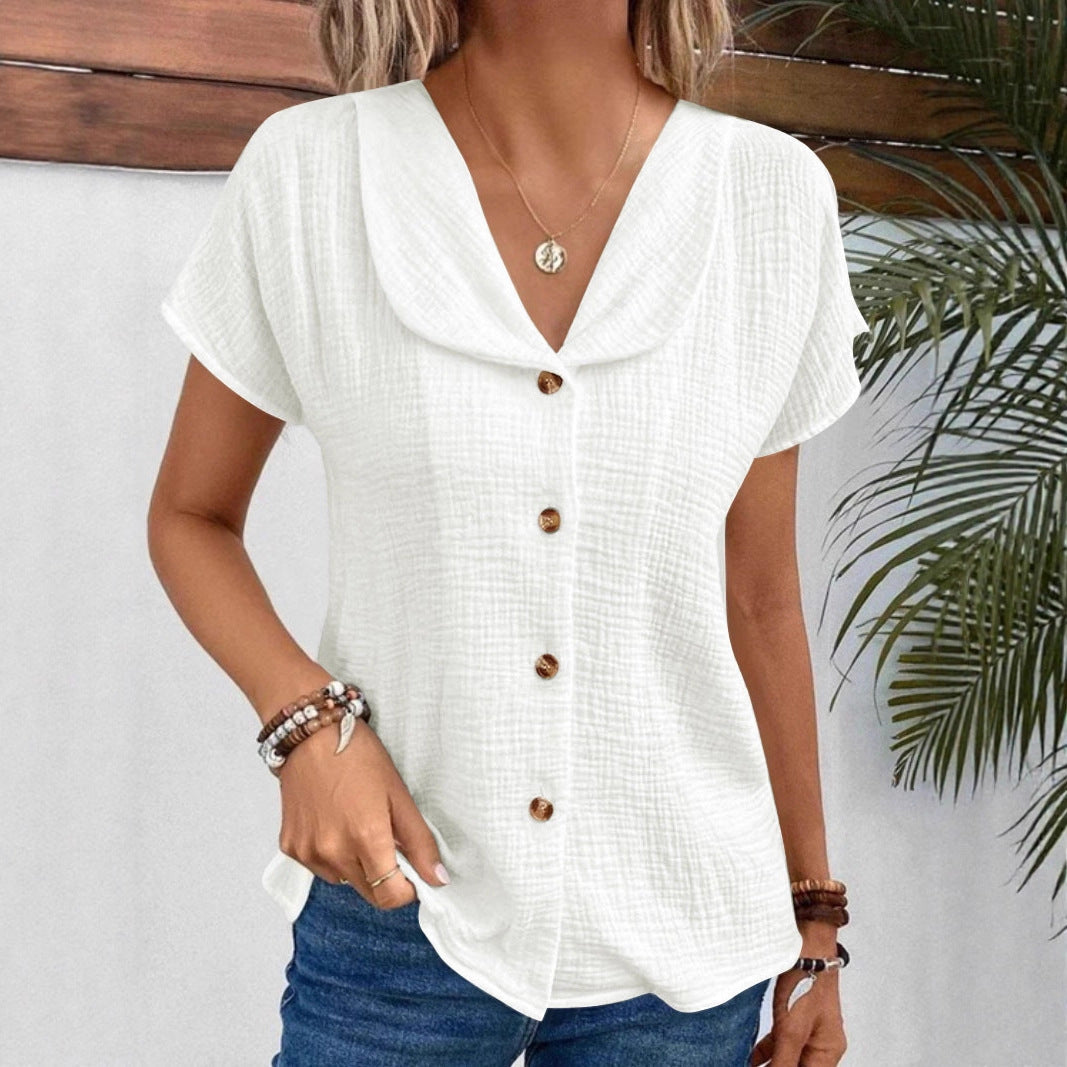Women's Blouse with Stylish Shawl Collar and Decorative Button Details