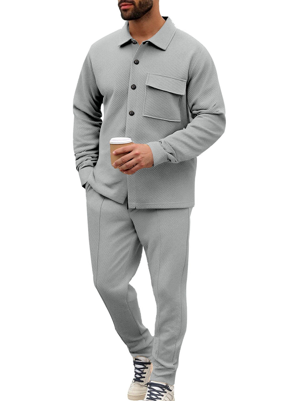 Men's Shirt Jacket Set with Flap Pocket and Tapered Trousers