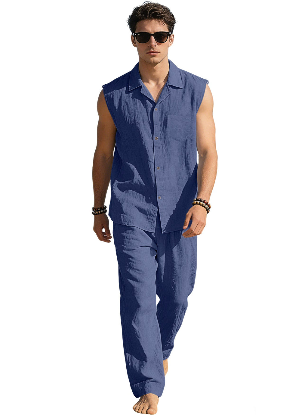 Men's sleeveless linen leisure set with lapel collar, chest pocket, and straight pants