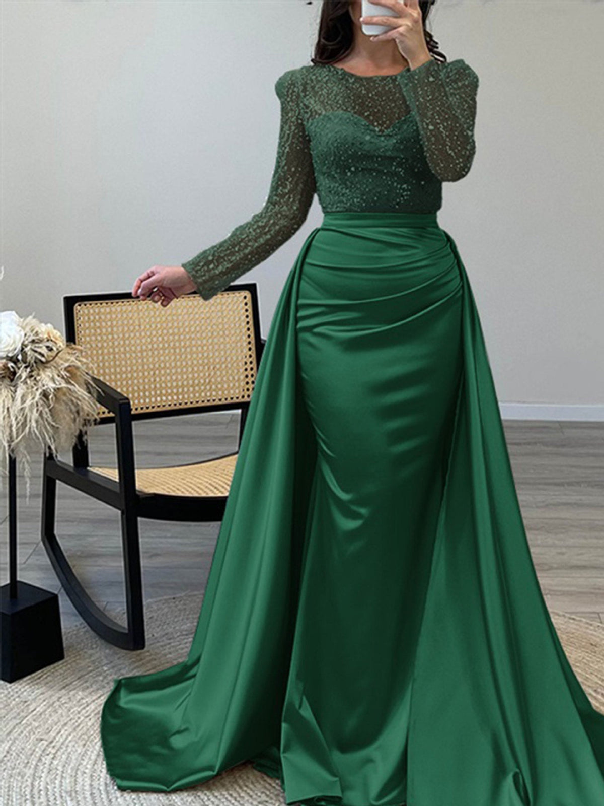 Women's Evening Dress with Sequined Bodice and Satin Skirt