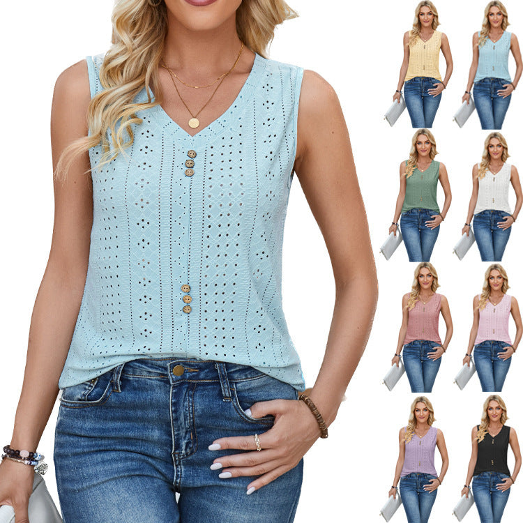 Women's Sleeveless Blouse with Button Details and Romantic Eyelet Pattern