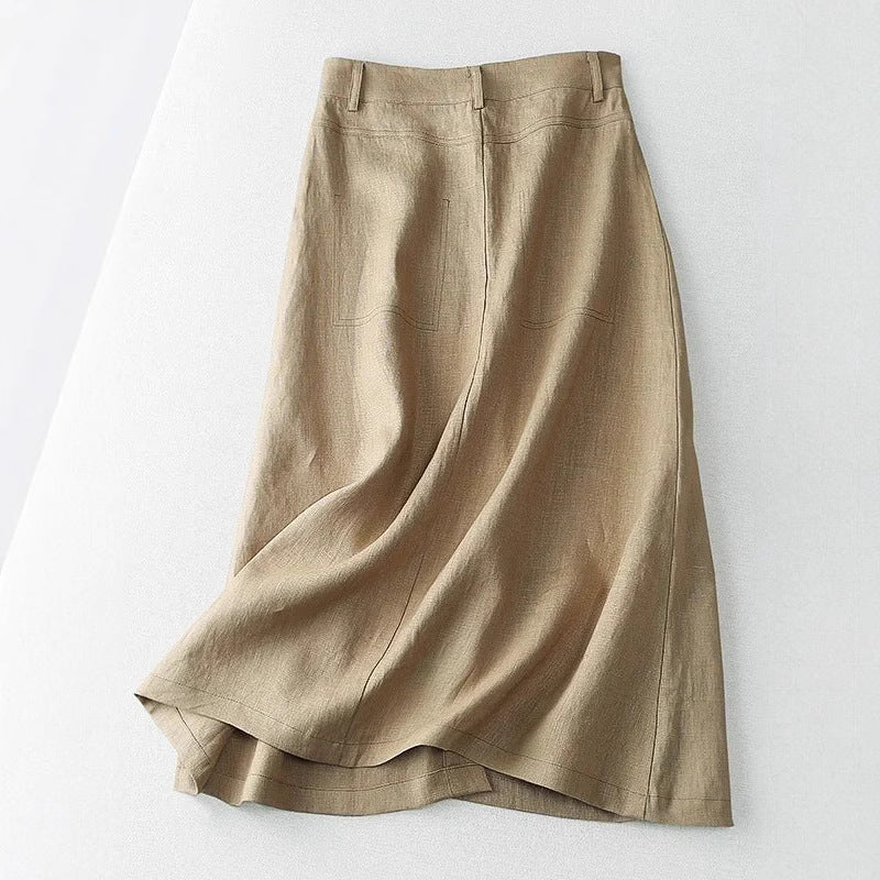 Women's Long Linen Skirt with Button Details and Pockets
