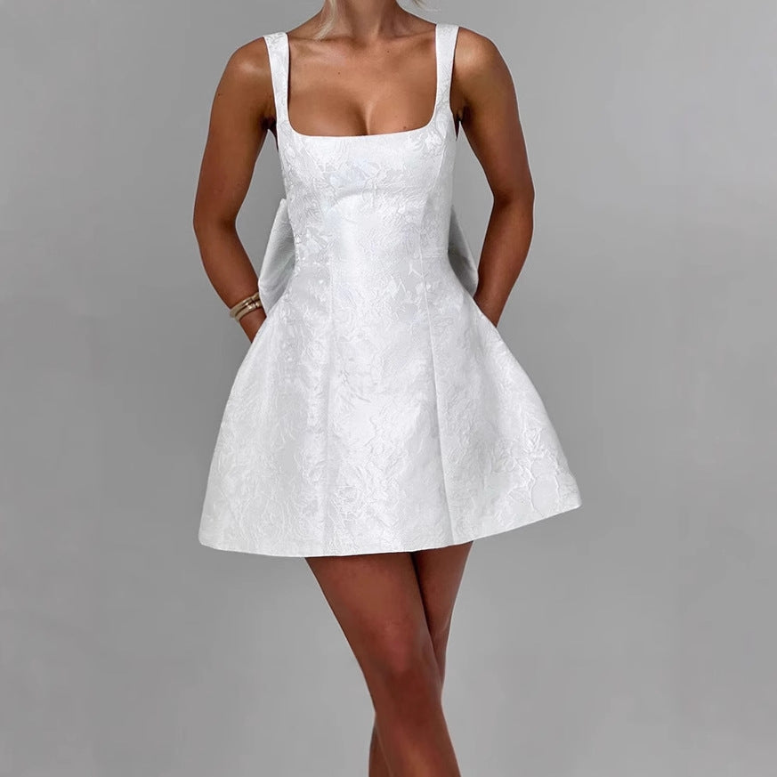 Women's A-Line Dress with Floral Jacquard Pattern and Thin Straps