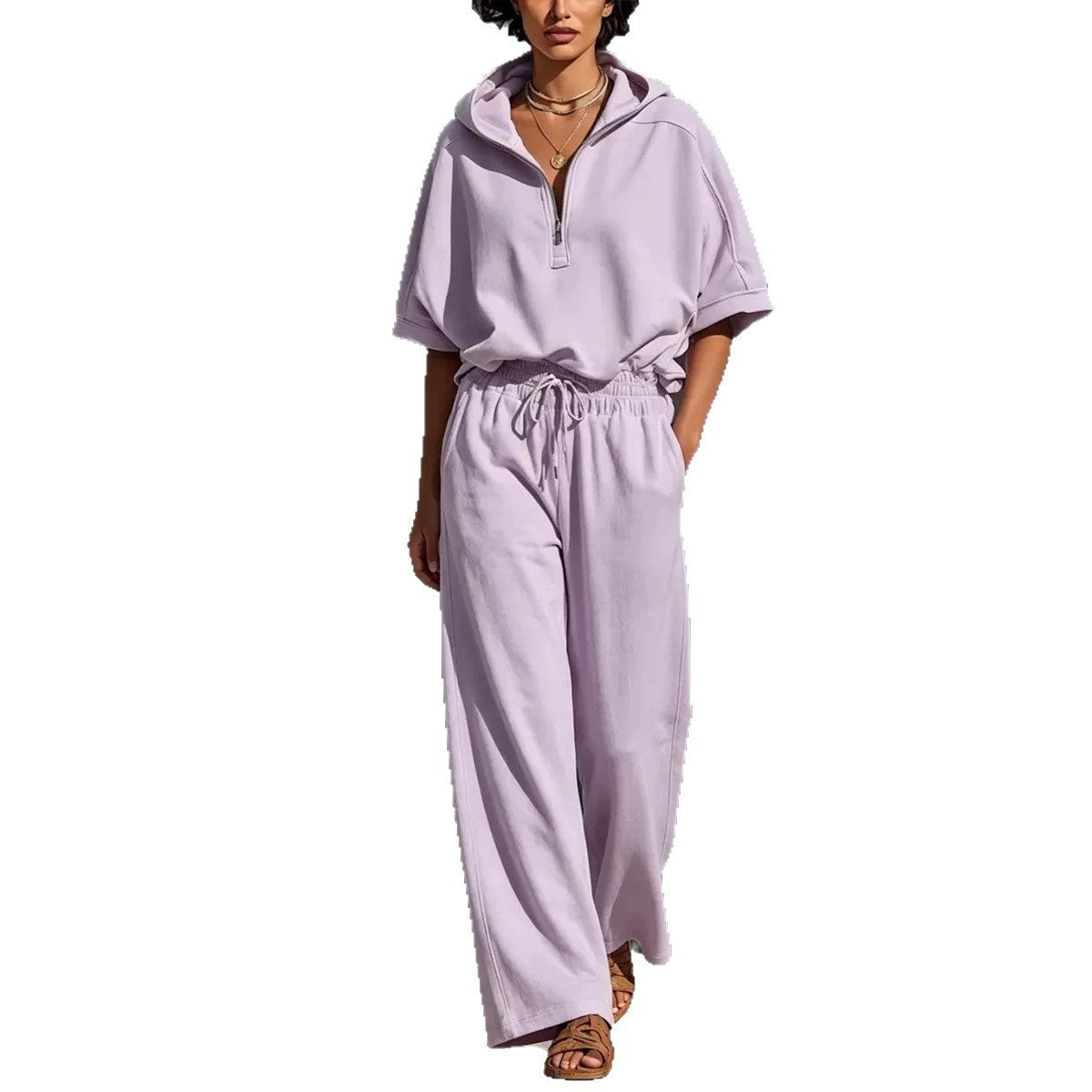 Women's Casual Lounge Set with Half-Zip Hoodie and Wide Palazzo Pants