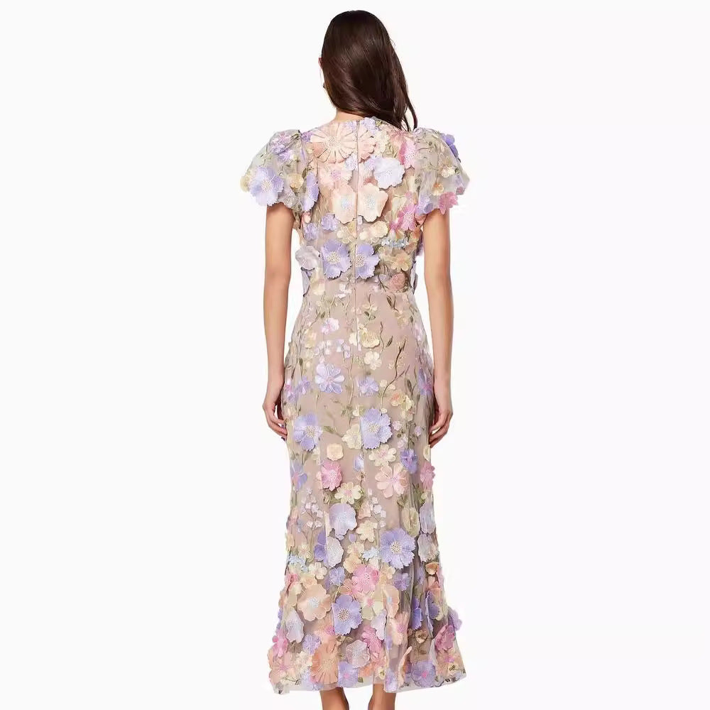 Women's Floral Dress with 3D Flower Appliqués