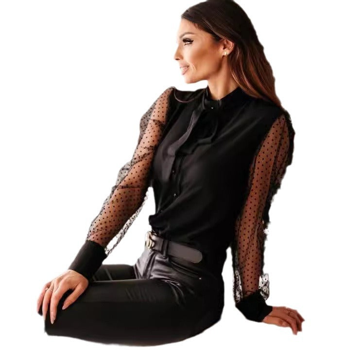 Women's Blouse with Sheer Puff Sleeves and Delicate Bow Detail