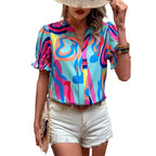 Women's Blouse with Puff Sleeves and Graphic Design