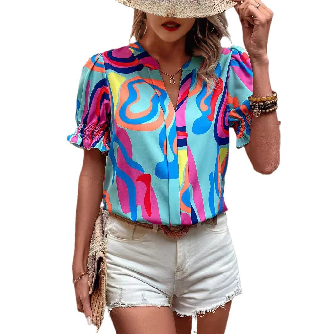 Women's Blouse with Puff Sleeves and Graphic Design