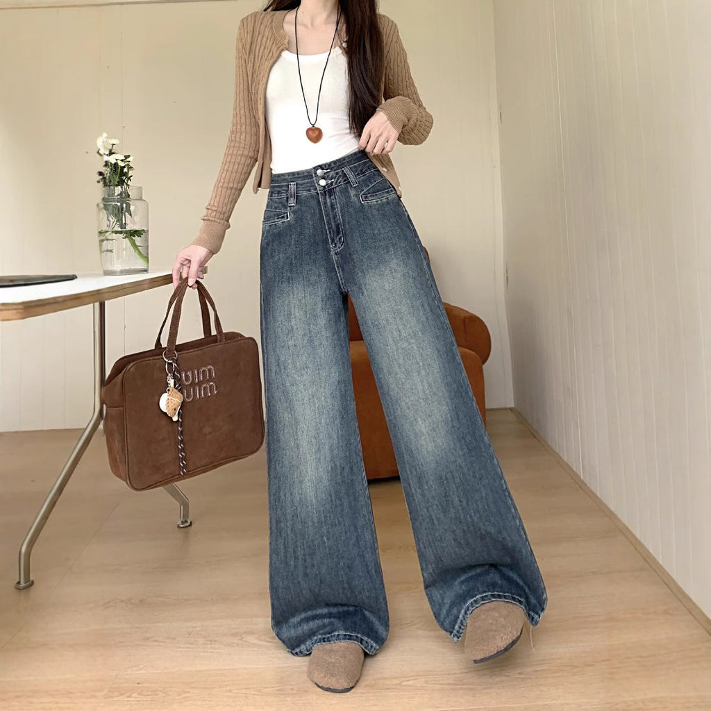 Women's Comfortable High-Waist Wide-Leg Jeans with Button Detail and Modern Pockets