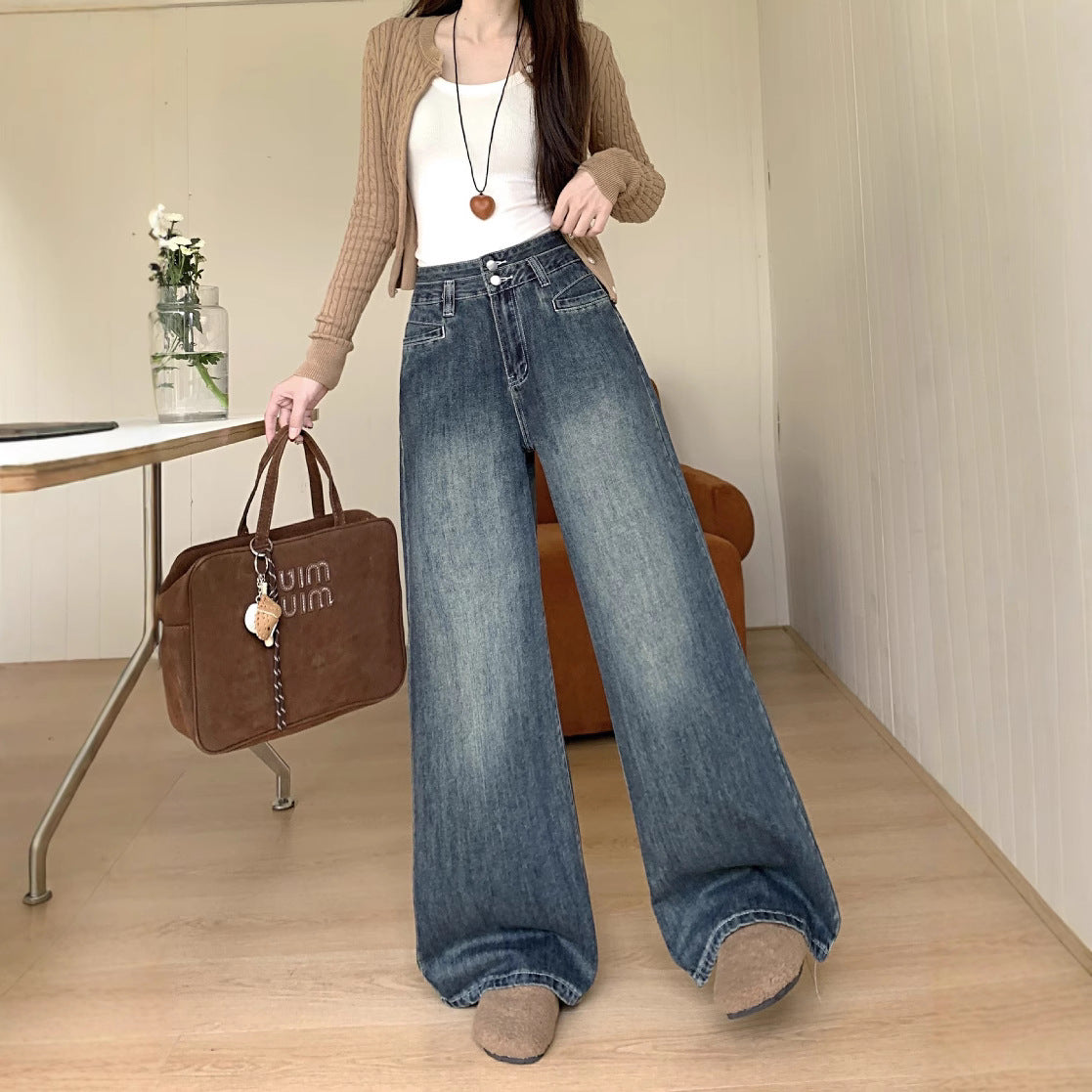 Women's Comfortable High-Waist Wide-Leg Jeans with Button Detail and Modern Pockets