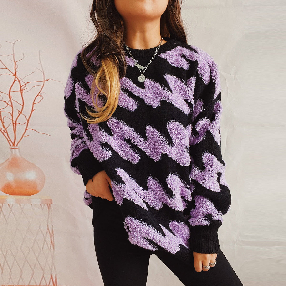 Women's Coarsely Textured Sweatshirt with Contrasting Patterns