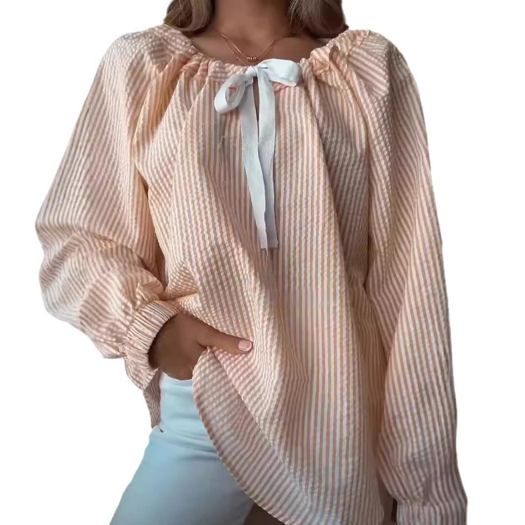 Blouse with Elastic Puff Sleeves and Decorative Tie