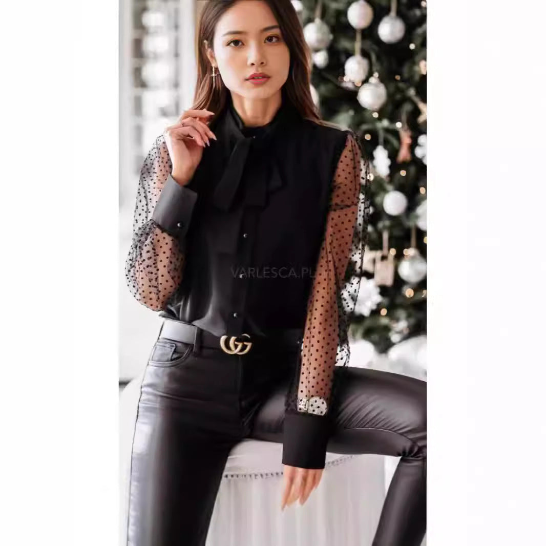 Women's Blouse with Sheer Puff Sleeves and Delicate Bow Detail