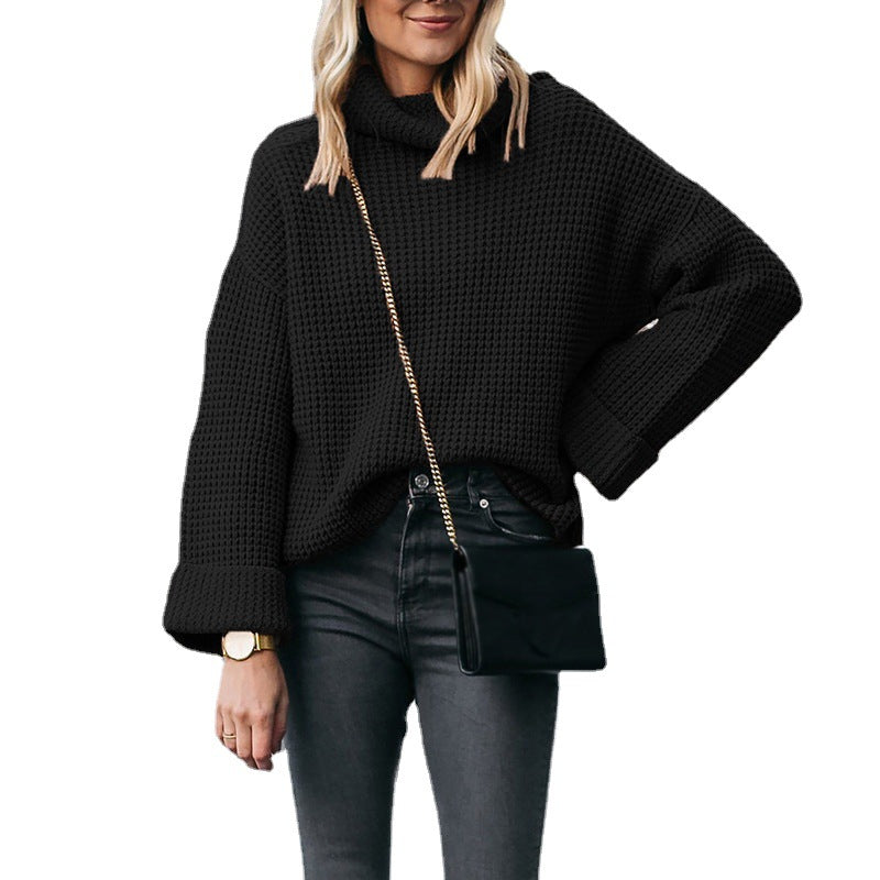 Women's Chunky Knit Sweater with High Collar and Wide Fit