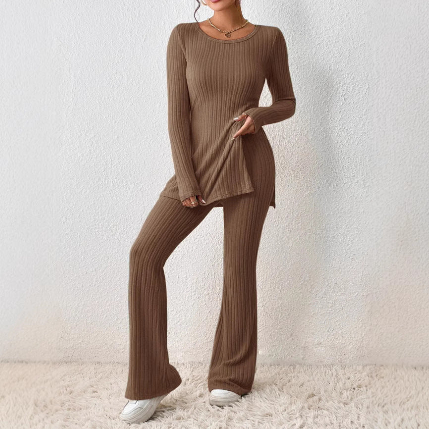 Women's Fine Ribbed Lounge Set with Long Sleeves and Flared Legs