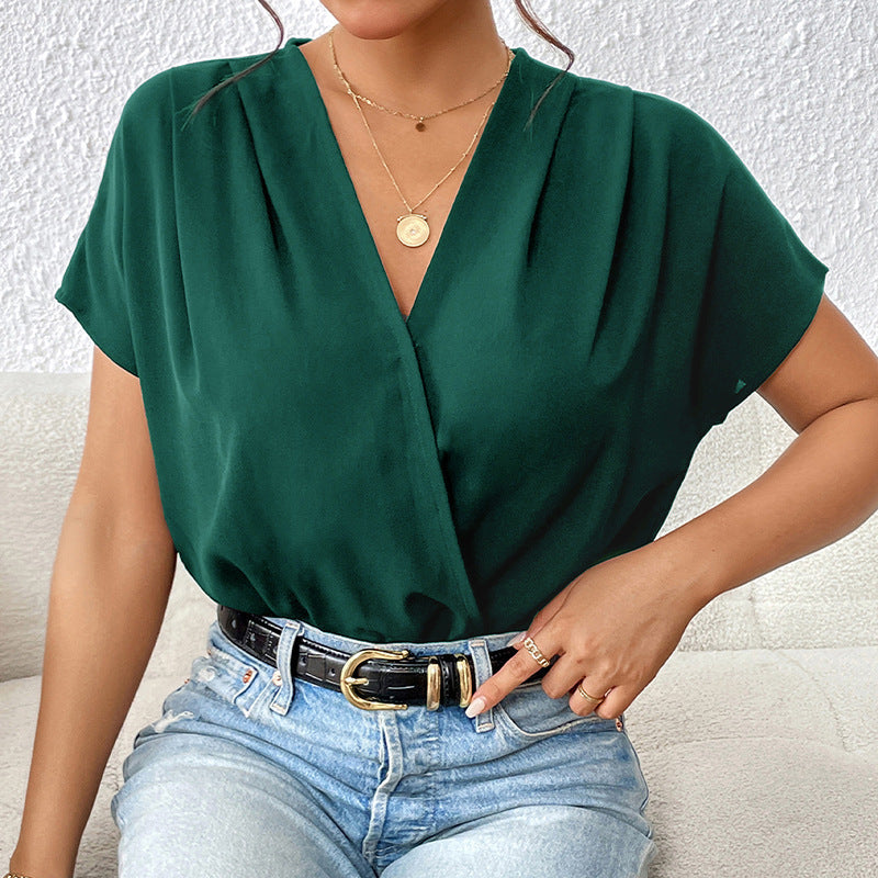 Women's Blouse Shirt with Elegant Wrap Look and Short Sleeves