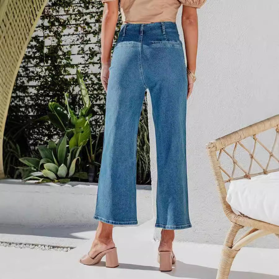 Women's High-Waist Jeans with Button Detail and Wide Leg