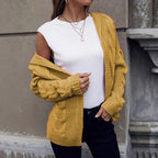 Women's Chunky Knit Cardigan with Hood and Cable Knit Pattern