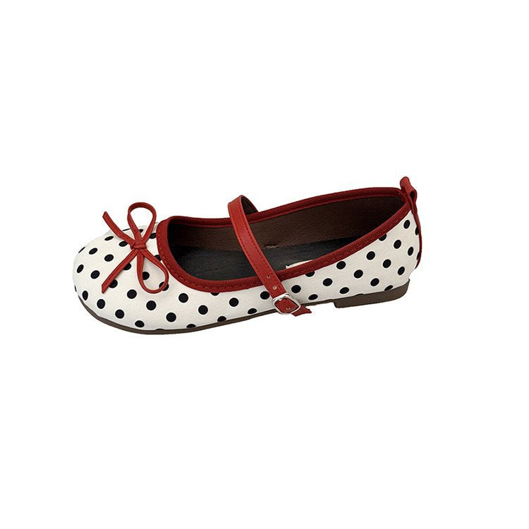 Women's Ballet Flats with Decorative Bow and Polka Dot Pattern