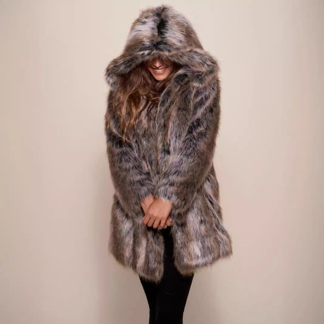 Women's Luxurious Faux Fur Coat with Hood