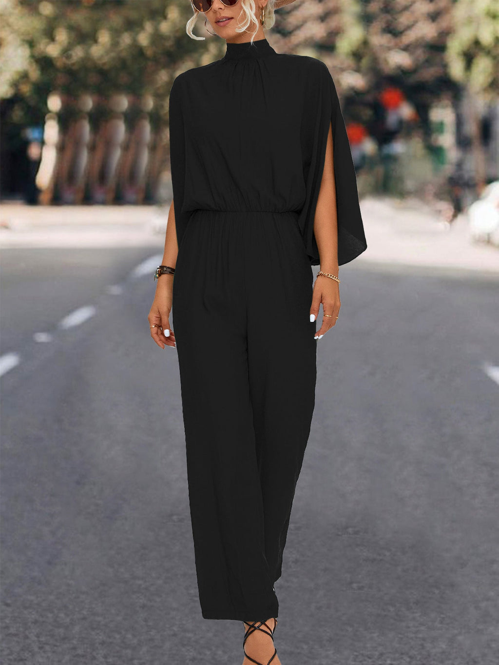 Elegant Women's Jumpsuit with Flowing Cape Design and High Neckline