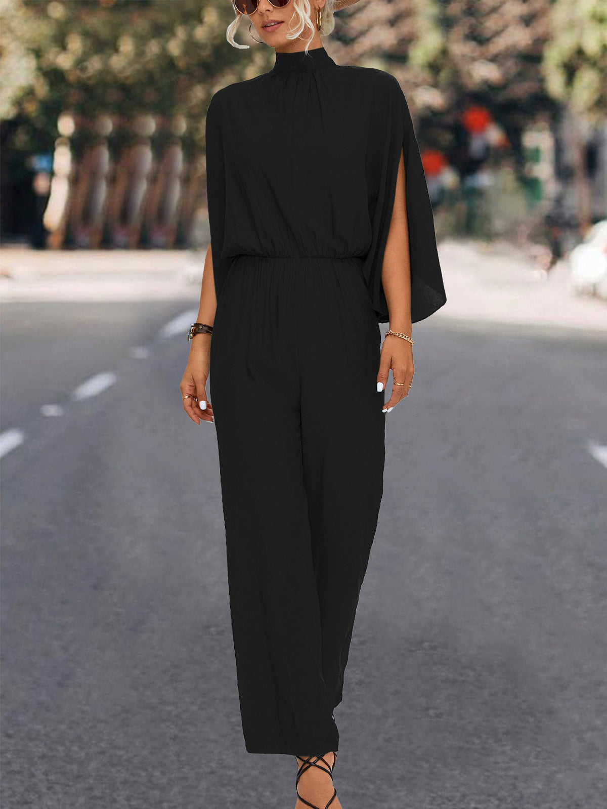Elegant Women's Jumpsuit with Flowing Cape Design and High Neckline