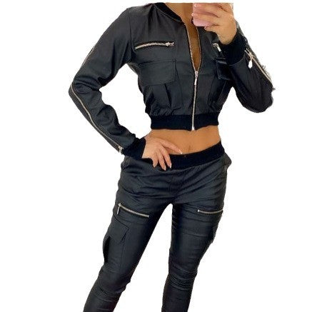 Women's Fashionable Bomber Jacket Set with Practical Pockets and Zipper