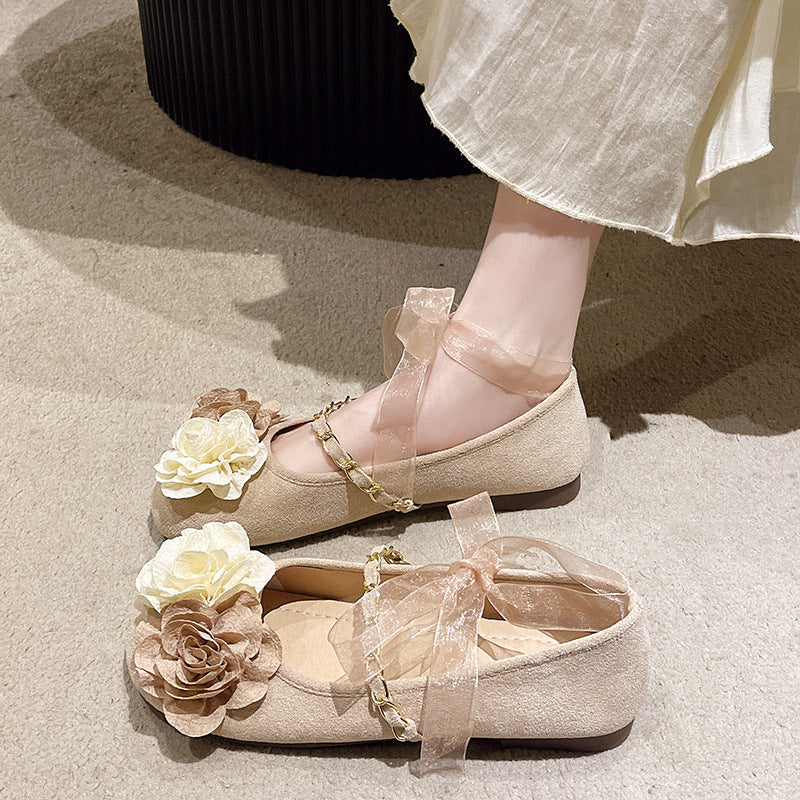 Women's Ballet Flats with Floral Design and Elegant Strap Decoration