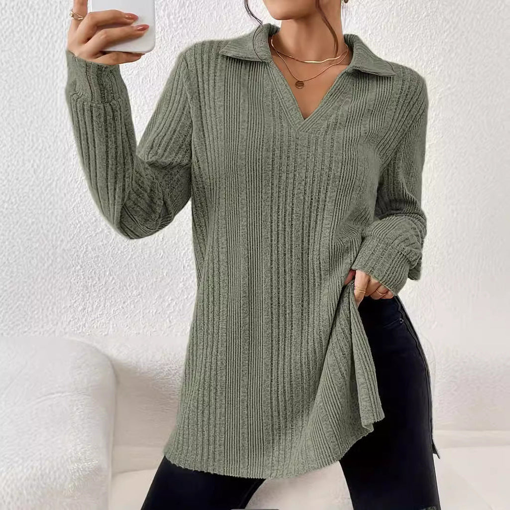 Women's Long Sleeve Shirt with Textured V-Neck and Ribbed Details
