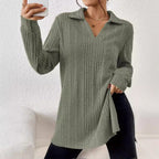 Women's Long Sleeve Shirt with Textured V-Neck and Ribbed Details